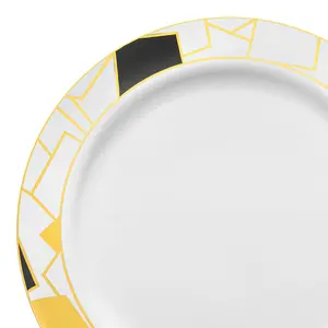 White with Black and Gold Abstract Squares Pattern Round Disposable Plastic Dinner Plates (10.25")