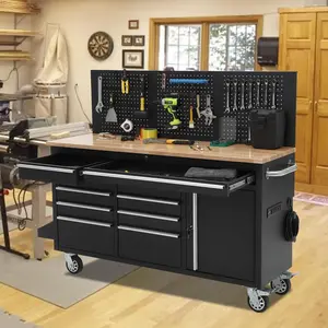 【GARVEE】61 Inch Rolling Tool Chest, Garage Workbench with 10 Drawers, Mobile Workstation Tool Cabinet for Workshop Storage, Solid Rubber Wood Top & with Wheels Lock Key Locking