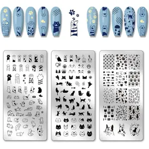 3pcs Cute Cat Nail Stamping Plates Cats Claws Nail Art Stencils Paw Pattern Nails Image Plates Fishbone Manicure Art Templates Lovely Cat Nails Stamper Plate for Women Manicures Salon