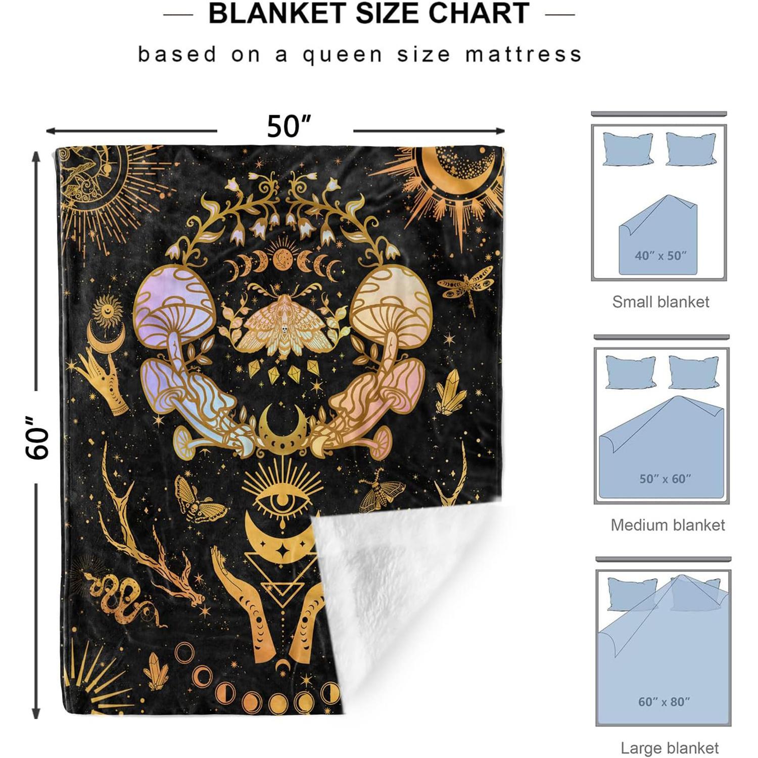 Enchanted Mushroom Premium Weight Blanket, Witchy Moon & Zodiac Fleece Throw, Gothic Hippie Decor for Women, Mystical Sun & Moon Gifts for Halloween, 280gsm