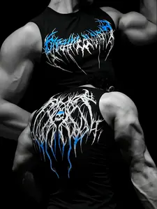 Dark Personality Print Tight Fit Sleeveless T-Shirt, Quick-Dry Elastic Gym Training Top, European Style Muscle Show Sport Vest
