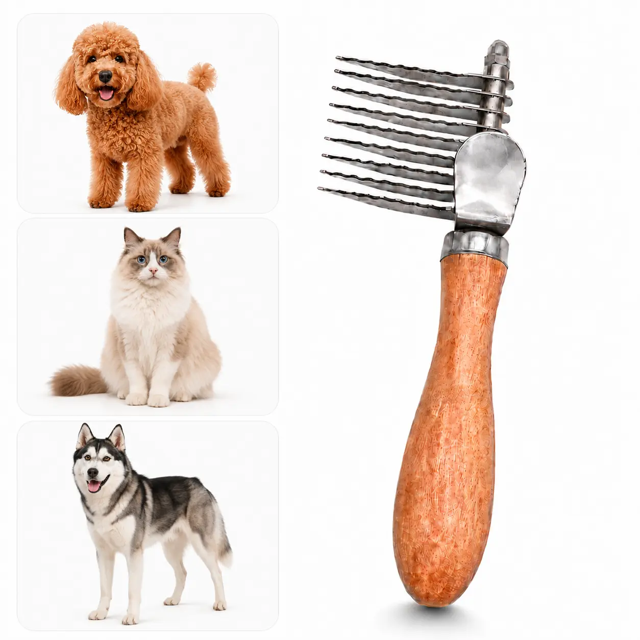 Dog Dematting Rake Brush with 9 Stainless Steel Blades, 6 cm Head Width Wooden Handle Grooming Tool for Doodles, Golden Retrievers, Huskies – Removes Mats & Tangles, Undercoat Deshedding Comb, Steel & Wood