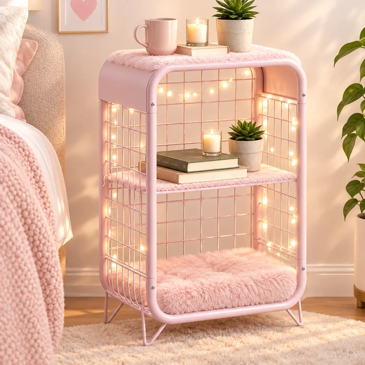 3-Tier Pink&Yellow Metal Side Table, Small End Table for Small Spaces, Narrow Nightstand with Storage Shelves, Child's Room Bedside Table, Multi-Functional Metal Furniture for Office, Living Room