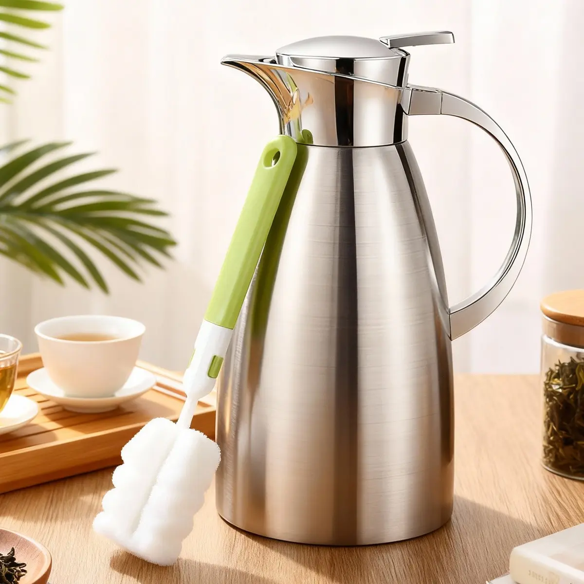 68oz Stainless Steel Thermal Carafe with Cleaning Brush, Easy to Clean, Double Walled Vacuum Insulated Thermos, Coffee Tea Beverage Carafe, Ice Tea Carafe, Heat & Cold Retention, Silver Color, Drinkware