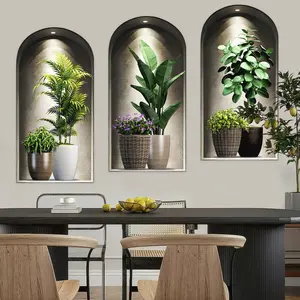 3-piece set, Nordic green plant themed simulated arched window flower basin wall sticker, self-adhesive removable sticker, suitable for wall decoration in living rooms, dining rooms, and study rooms, Vinyl Wall Stickers, Removable Window Decal