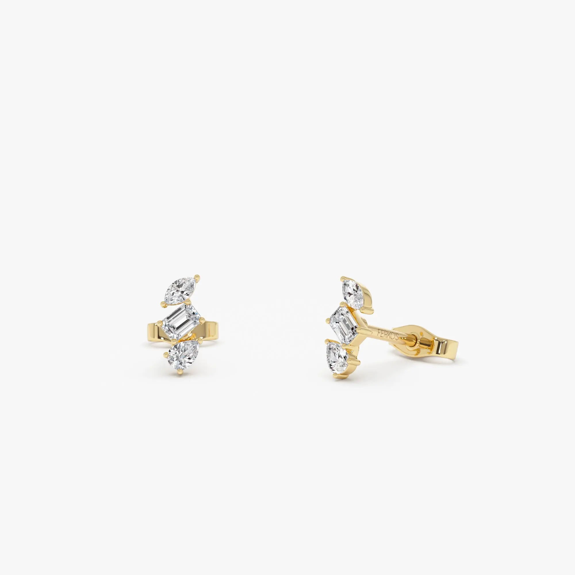 14k Emerald Cut Marquise and Pear Shaped Diamond Studs