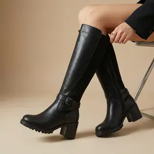 Women's Knee High Riding Boots Wide Calf Friendly - Chunky Block Heel Lug Sole Elastic Back Long Boots with Free Cushion Pads