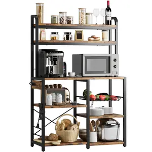 Garvee 6-Tier Childs Storage Bookshelf with Power Outlet – Spacious Bookcase & Cabinet – Microwave Stand Coffee Bar Industrial Organizer – Large Open Shelves Wire Basket – Rustic Brown