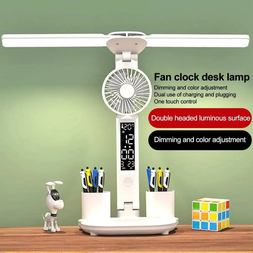 Desk Lamp Learning with Fan, Clock, Pen Container, Plug-in Bedside Lamp, Desk Reading, Multi-Functional Double Pen Down Lamp Eye Caring, Small Study Table Lamp for Dorm