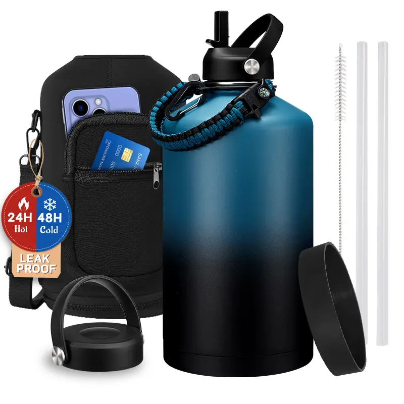 128 oz Insulated Water Bottle with Straw, Paracord Handle, Bottle Holder with Strap, 128 oz Metal Stainless Steel Water Bottle Flask Cold for 48H