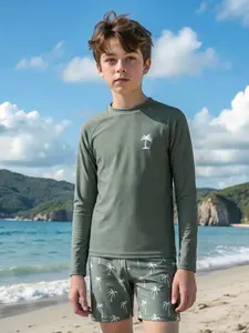 New boys' two-piece swimsuit, beach vacation sun protection swimwear set Palm Tree Pattern Print long sleeves and shorts sunscreen waterproof Trunks
