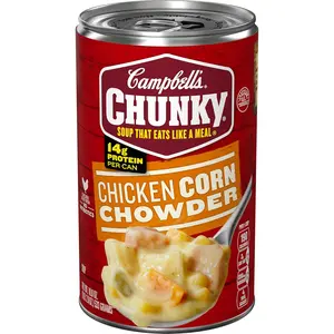 Campbell’s Chunky Chicken Corn Chowder Soup, 18.8 oz Can – Ready-to-Eat Hearty Soup, High Protein (14g), No MSG Added, Microwave Meal