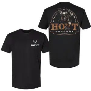 Hoyt Archery T Shirt, Two Sided Design with Bowhunter Graphic Back, Deer Antler Logo Front, Soft 100 Percent Cotton, Unisex Fit for Men and Women, Ideal Gift for Hunting and Archery Fans.