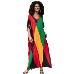 Women's Boho Ethnic Print Kaftan Dress Plus Size Oversized Maxi Dress Summer Beach Cover Up Casual Loose Caftan for Vacation Party - Color Block