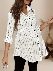 Striped Print Roll-Up Sleeve Mid-Length Maternity Shirt