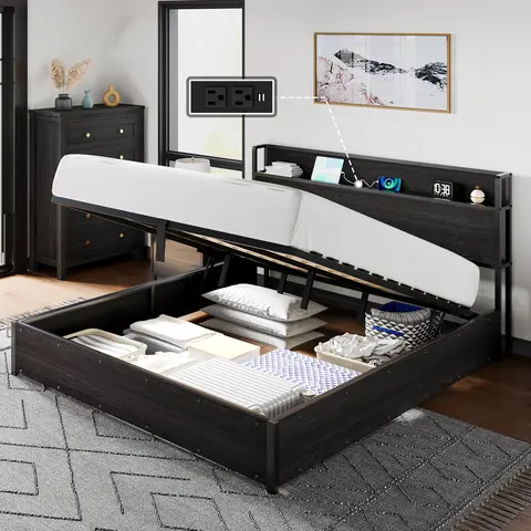 AMERLIFE Lift Up Storage Bed Frame, Wooden Platform Bed Frame with Lifting Storage & Charging Station, No Spring Box Needed/Noise Free/Best Gift Ideas/Christmas Gifts[TikTokShopFallDealsForYou]