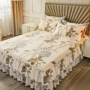 Floral Print Ruffled Edge Bed Skirt Set, 3 Counts/set Including 1 Bed Skirt & 2 Pillowcases without Filler, Decorative Bedding Set, Floral Printed Patchwork Comfy Bedding Set for Home Bedroom, Bedsheet Sets, Room Decor