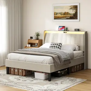 Full Size Platform Bed Frame with Fabric Upholstered Headboard and Wooden Slats Support