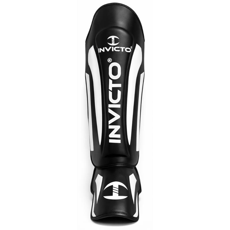 Invicto Sports MMA Shin & Instep Guards, Rexine Leather Construction, Multi-Layer EVA Padding, Adjustable Velcro Strap, Black & White, for Training & Sparring