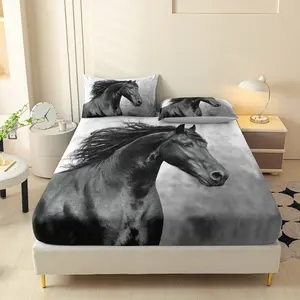 3-Piece Animal Horse Printed Bed Sheet Set, Mattress Protective Cover, Polyester Machine Washable Bedding Set, Bedroom Room, Birthday Gift (1 Bed Sheet+2 Pillowcases, Coreless)