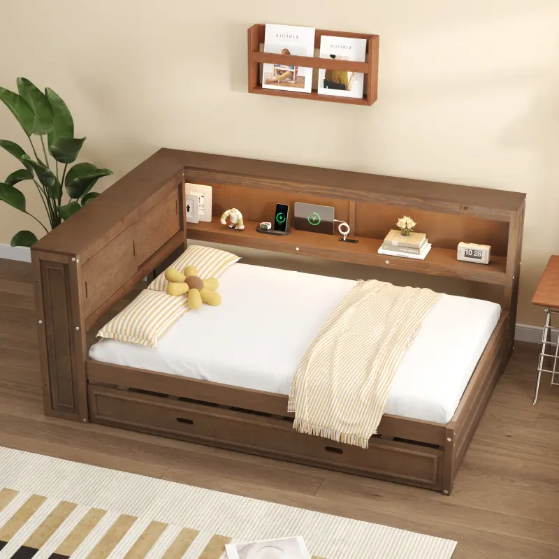 Full Size Wood Daybed with Storage Shelves, USB, LED, and Trundle, No Box Spring Needed Full Size Wood Daybed with Storage Shelves, USB, LED, and Trundle, No Box Spring Needed