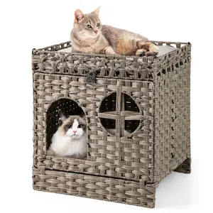 COSTWAY - Foldable 2-tier Rattan Cat Litter Box Enclosure with Litter Mat-Grey