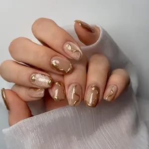 24pcs Short Square Nail Tips Nude Color Cat Eye Press on Nails Glitter Gold Lines Art Nails 3D Gold Line Design Removable False Nails Glossy False Nails