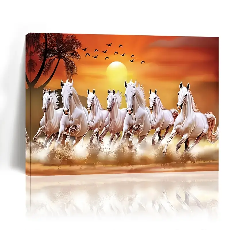 7 Lucky Horse Scene Framed Pine Wood Print - 1-Piece High Res Long Lasting Modern Wall Art, Customizable Home Decor for Living Room, Bedroom