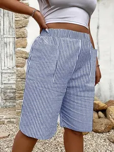 Women's Striped Print High Waist Shorts, Casual Elastic Waist Pocket Shorts for Summer, Women's Bottoms for Daily Wear, Everyday Shorts, Lightweight Printed Shorts, Casual Fitted Shorts