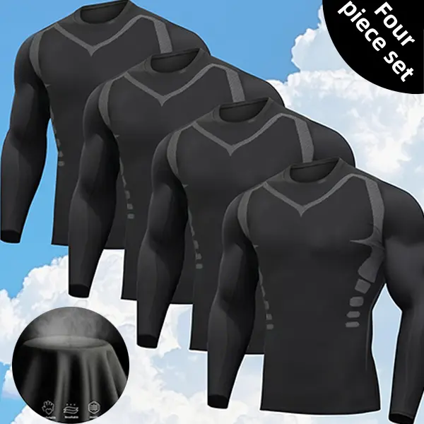 Men's 4-Piece Activewear Set with Long Sleeve Compression Shirt & Tights, Breathable Quick-Dry Workout Gear for Fitness Training, Compression Shirts, Men's Compression Shirts