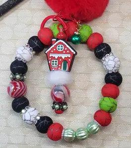 Christmas Wristlet Keychain Combo | 304 Stainless Steel Wire Beaded Bracelet with Holiday Charm Bar | Festive Beaded Wristlet Keychain Gift for Women