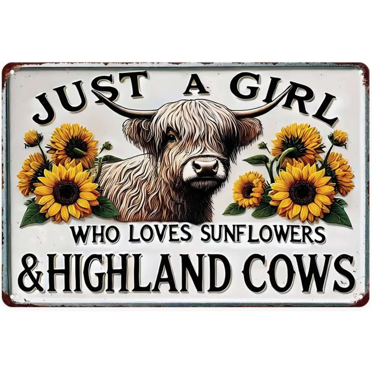 Just A Girl Who Loves Sunflowers & Highland Cows Vintage Metal Tin Sign 8x12 Inches Matte Finish Rust-Resistant Easy Installation for Home Decor metal wall sign Vintage Metal Tin Sign home decor plaque funny bar sign