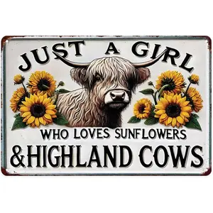 Just A Girl Who Loves Sunflowers & Highland Cows Vintage Metal Tin Sign 8x12 Inches Matte Finish Rust-Resistant Easy Installation for Home Decor metal wall sign Vintage Metal Tin Sign home decor plaque funny bar sign