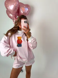 Honey Praying Bear Gingham Mockneck Sweatshirt - Pink