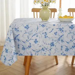Spring Summer Vinyl Tablecloth With Flannel Backing, Floral Waterproof Heat Resistant Plastic Tablecloth, Heavy Duty French Table Cover for Dining, Party, Indoor, Outdoor, Blue