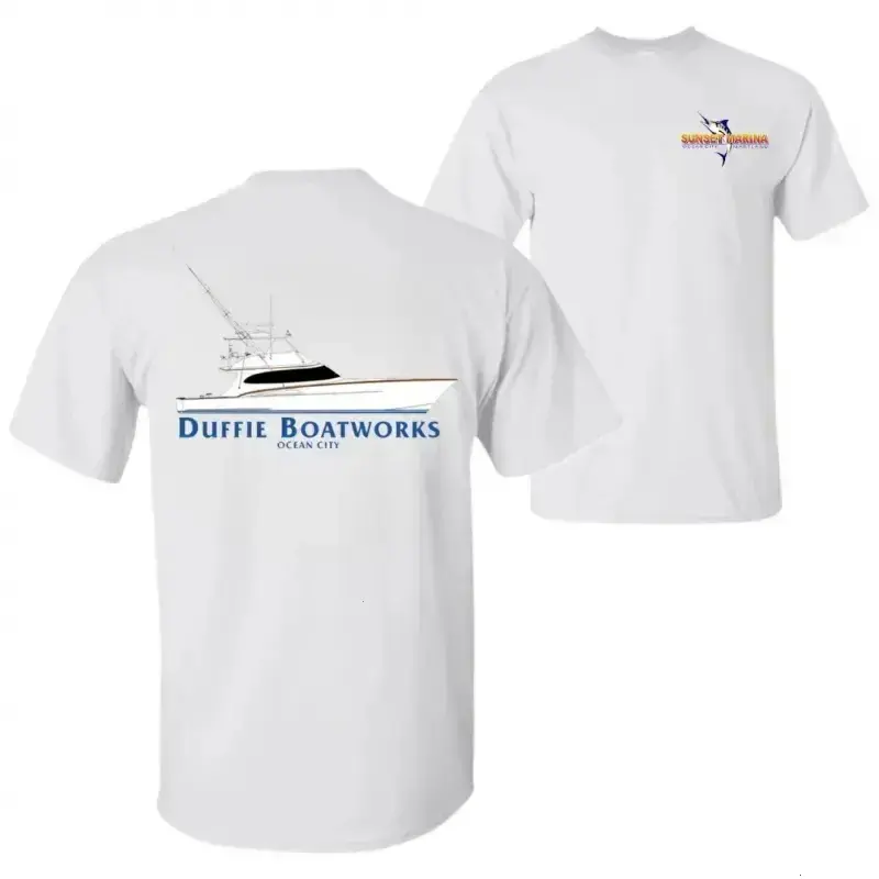 Duffie Boatworks x Sunset Marina Offshore Theme T-Shirt, Unisex Nautical Wear Casual Tee Tops, Breathable Soft Cotton Screen Printing Shirt, Men's/Women's Gift Apparel