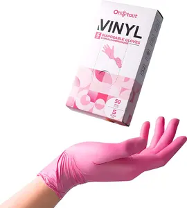 Oristout Disposable Gloves for Women, Pink Vinyl Gloves Disposable Latex Free for Cooking, Food Prep, Cleaning, Hair Dye, Tattoo, Medium Duty, Touch Screen, Small, 50 Pack OriStout
