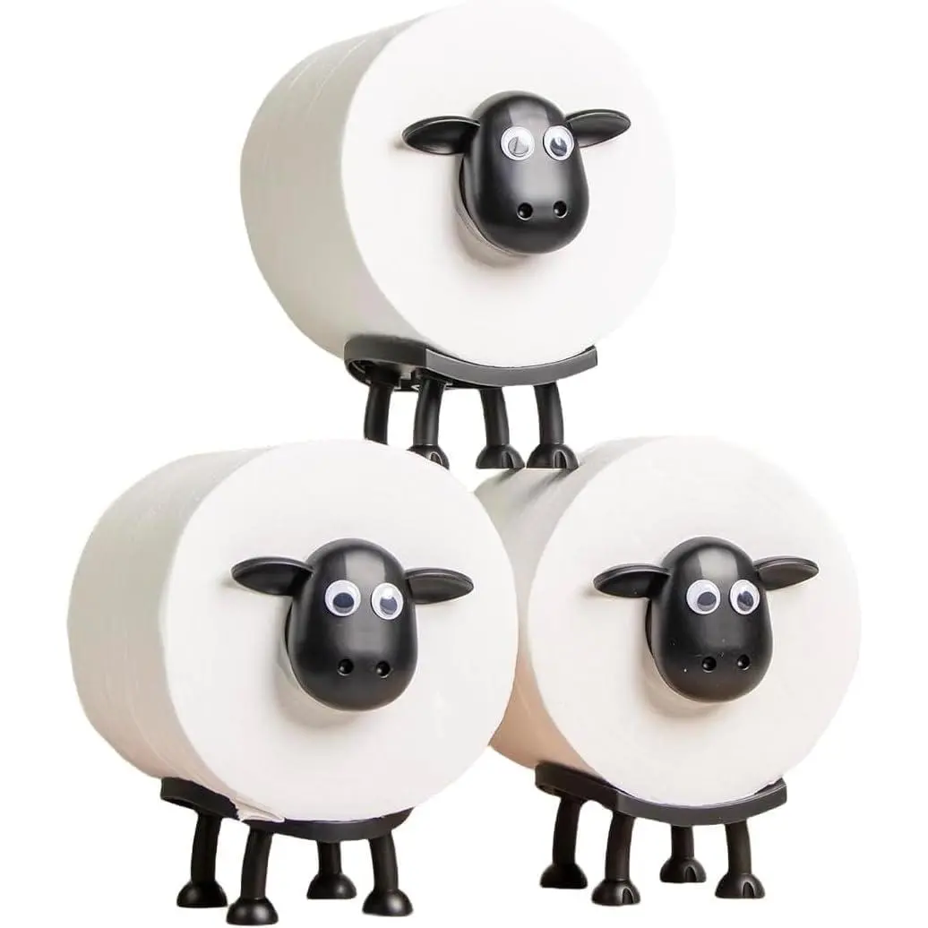 3-Pack Whimsical Sheep Wall Mount Toilet Paper Roll Holder Set with 4.5-in Cores, Secure Hold, Pre-Assembled Tissue Storage Basket, Easy to Maintain Smart Storage, Bathroom Decor, Ideal Housewarming Gift