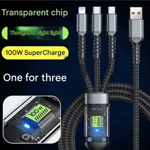 100W Transparent Mid-Size Card Digital Display Triple-Port Fast Charging Mobile Data Cable Compatible with Type-C 3-in-1 Charging Cable