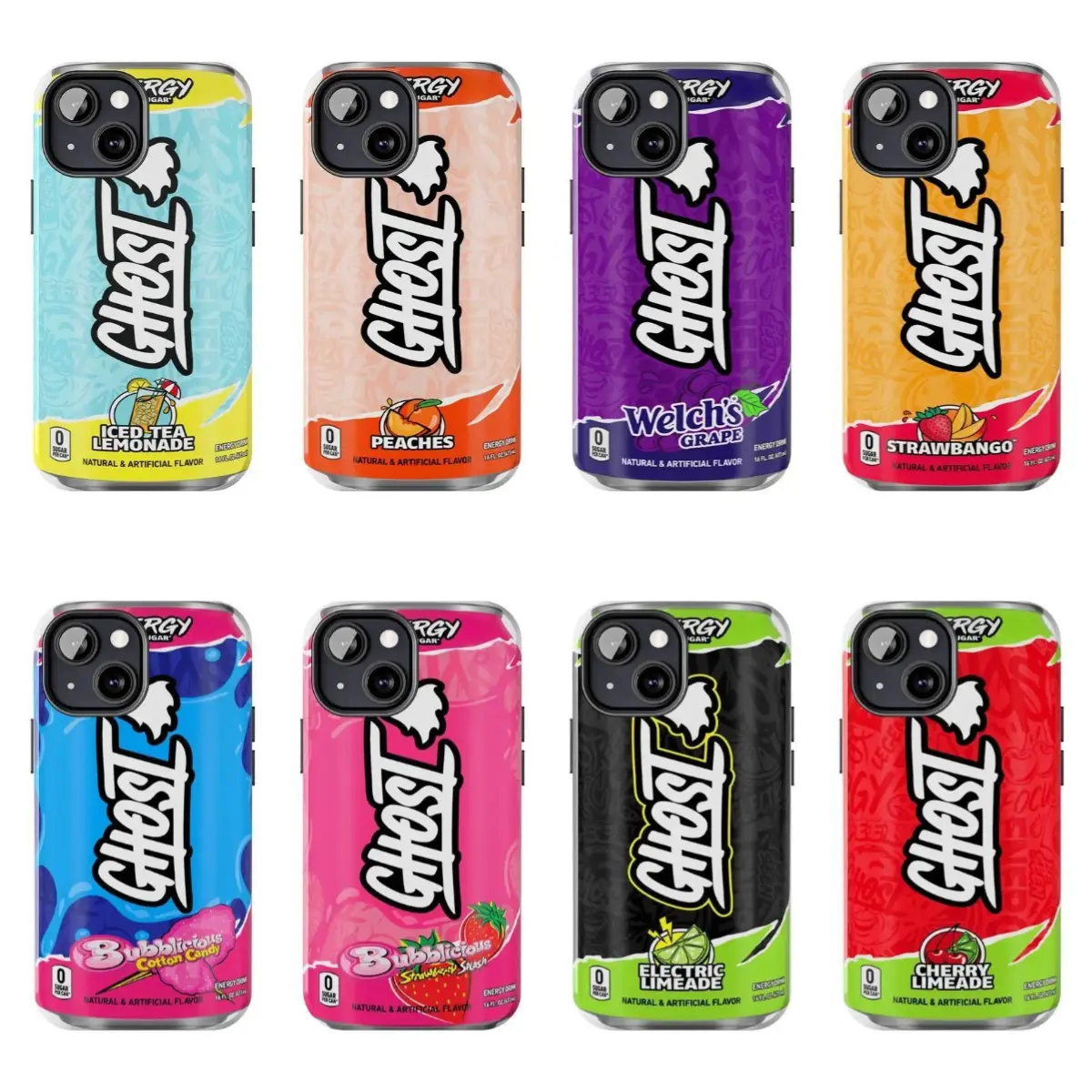 Ghost Energy Drink Flavor Smartphone Casing - Bubblicious Candy, Iced Tea, Lemonade, Peaches, Grape, Electric Limeade, Strawbango, Cherry Designs - for iPhone 17 ProMax/16/15/14/13/12/11 Plus, Samsung Handheld Cellphone Devices, Unisex, Ideal Gift Option