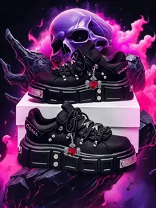 High-End Punk Style Dad Shoes, Metal Texture, Thick Sole, Wing Design, PU Leather, Hidden Wedge, Casual, Unisex, All Seasons