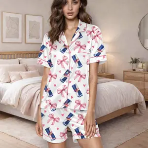 PJM SHORT Cute Red Bull Print Women's Pajama Set With Pink Bows and Hearts – Short Sleeve Button Down Valentine Sleepwear for Girls and Women