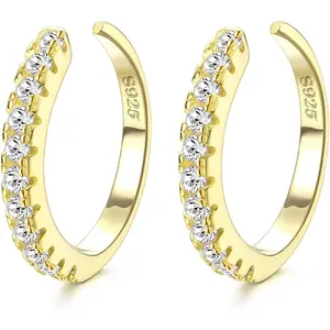 FINREZIO 1 Pair Golden Sparkling CZ Ear Cuff, for Women Men Luxury Paved Zirconia Non-Piercing Open Cuff Earring Durable Dainty Premium 925 Sterling Silver Jewelry for Birthday Anniversary Bridesmaid Gifting