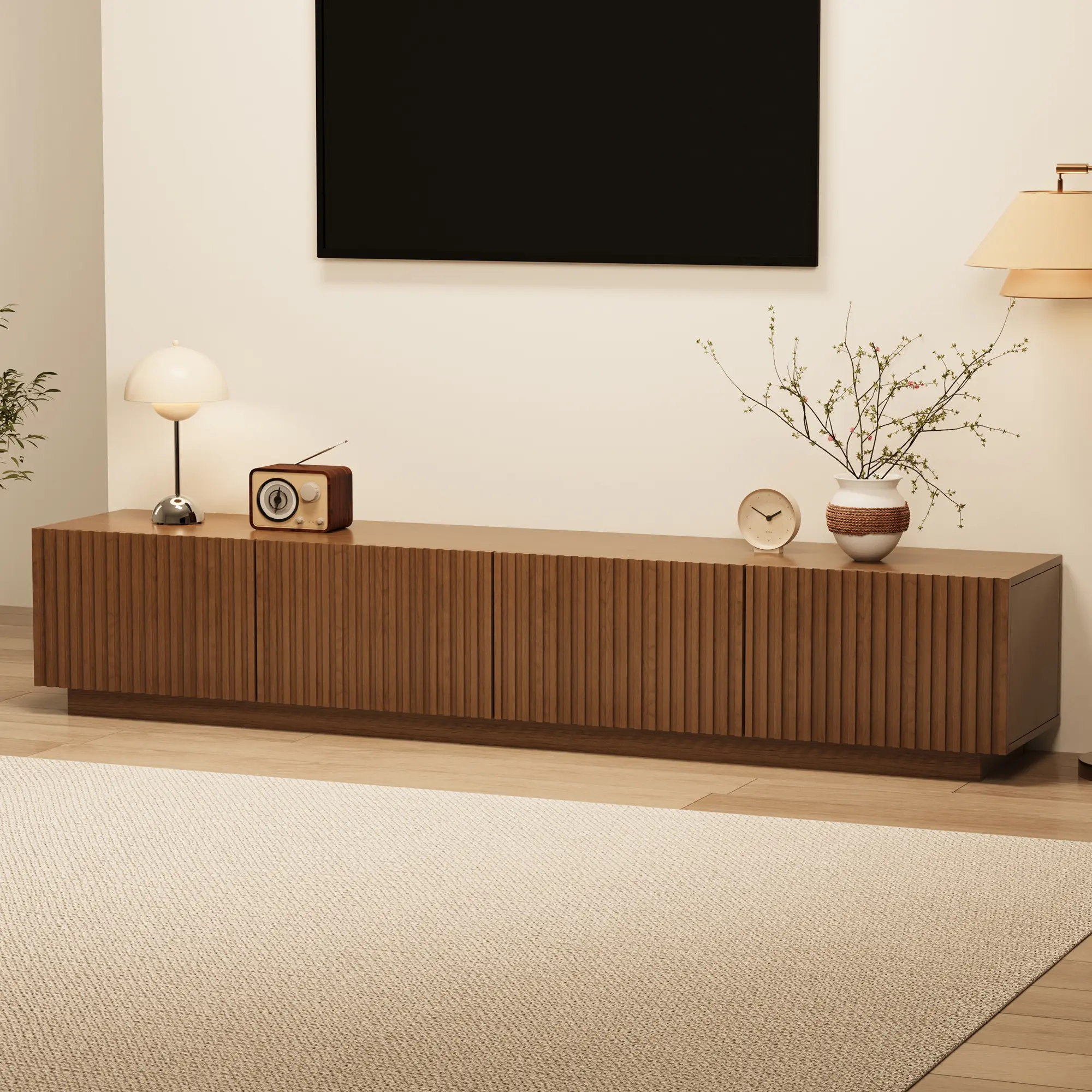 86.61" Mid-Century Modern TV Stand - Brown Wood Adjustable Shelves TV Stand & Multimedia Centre with 4 Doors, Sturdy Large Wooden Media Console for Living Room, Easy Assembly, Adjustable Shelves Tv Stands & Multimedia Centres