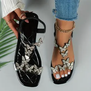 Women'sRhinestoneButterflyDecorFlatSandals,CasualOpen-ToeSummerShoes,LightweightElasticStrapSandals