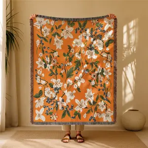 Orange Small White Flowers Pattern Bohemian Yarn Jacquard Woven Blanket with Tassel, Thick Soft Washable Blanket, Used for Home Decor Sofa Chair Bed Tapestry Tablecloth Floor Garden Picnic Outdoor Camping