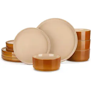 ONION Ceramic Plates and Bowls Sets, 12 count Brown Dinnerware Sets for Kitchen, Reactive Glaze Dishes Set for 4, Dishwasher and Microwave Safe