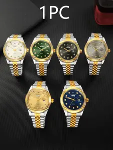 RICECGO Men's Luxury Elegant Round Dial Stainless Steel Strap Rhinestone Quartz Watch with A Box, Dual Date Display, Suitable for Any Occasion