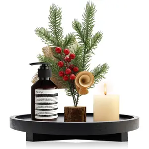 Black Decorative Wooden Tray for Kitchen Counter Bathroom Accessories Sink Vanity Trays Wood Riser Candle Pedestal Stand for Perfume Soap Trays Round Dining Coffee Table Small Rustic Home Decor Tray