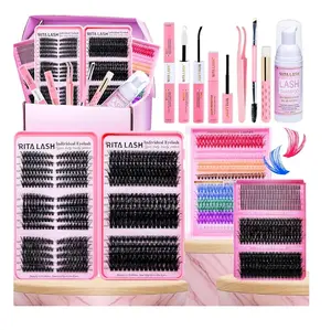 Lash Clusters Kit Bulk 3D Effect Eyelash Clusters Kit Cat Eye Lashes Cluster Eyelash Extensions Pack Colored Lashes Cluster Pestañas Postizas Naturales+Bond&Seal,Remover,Tweezers,Cleanser